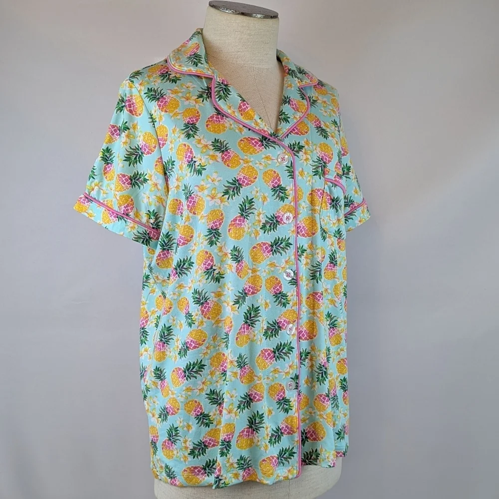 Pillow Talk Tropical Pineapple Print PJ Set Short Sleeve Top Pants Aqua M NWT - Picture 9 of 12